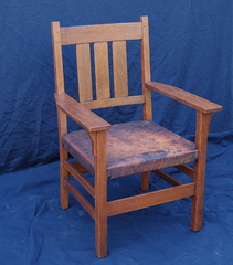  Vintage Gustav Stickley Dining Arm Chair with Original Leather and Tacks. Model 366. Double signed